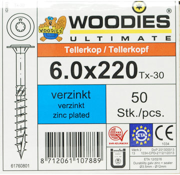 Woodies Ultimate Woodies tellerkopschroeven 6.0x220 verzinkt T-30 deeldraad 50 stuks