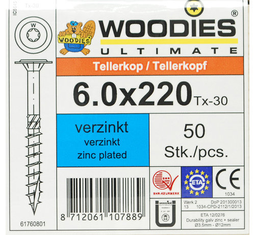 Woodies Ultimate Woodies tellerkopschroeven 6.0x220 verzinkt T-30 deeldraad 50 stuks