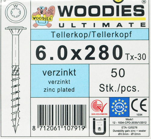 Woodies Ultimate Woodies tellerkopschroeven 6.0x280 verzinkt T-30 deeldraad 50 stuks