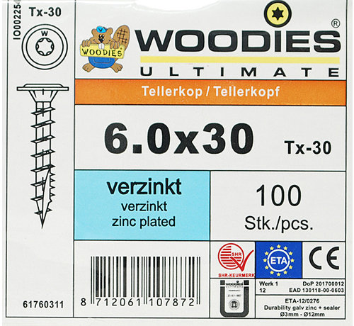 Woodies Ultimate Woodies tellerkopschroeven 6.0x30 verzinkt T-30 voldraad 100 stuks