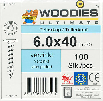 Woodies Ultimate Woodies tellerkopschroeven 6.0x40 verzinkt T-30 voldraad 100 stuks