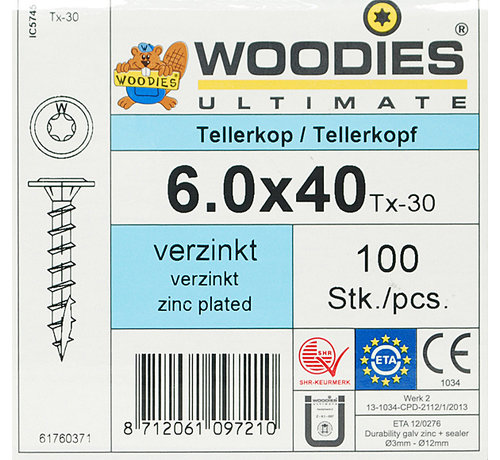 Woodies Ultimate Woodies tellerkopschroeven 6.0x40 verzinkt T-30 voldraad 100 stuks