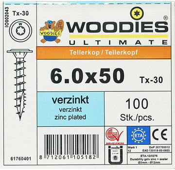 Woodies Ultimate Woodies tellerkopschroeven 6.0x50 verzinkt T-30 voldraad 100 stuks