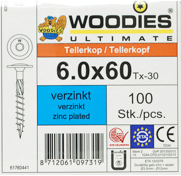 Woodies Ultimate Woodies tellerkopschroeven 6.0x60 verzinkt T-30 voldraad 100 stuks