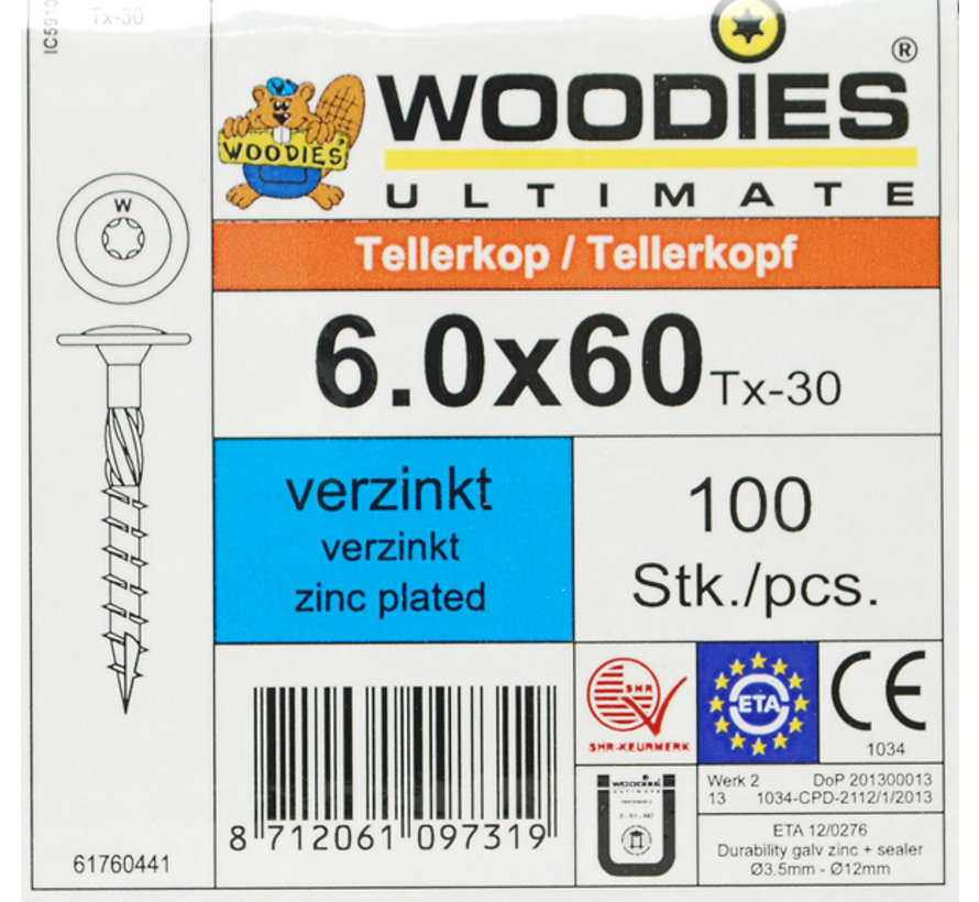Woodies tellerkopschroeven 6.0x60 verzinkt T-30 voldraad 100 stuks