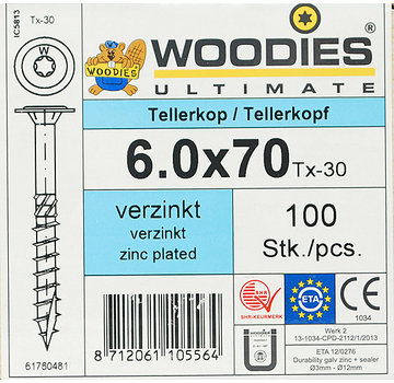 Woodies Ultimate Woodies tellerkopschroeven 6.0x70 verzinkt T-30 deeldraad 100 stuks