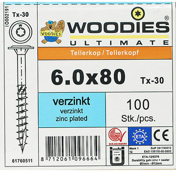 Woodies Ultimate Woodies tellerkopschroeven 6.0x80 verzinkt T-30 deeldraad 100 stuks