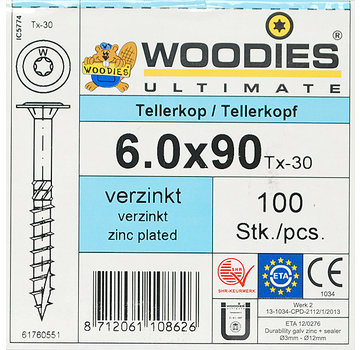 Woodies Ultimate Woodies tellerkopschroeven 6.0x90 verzinkt T-30 deeldraad 100 stuks