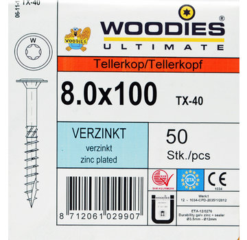 Woodies Ultimate Woodies tellerkopschroeven 8.0x100 verzinkt T-40 deeldraad 50 stuks