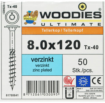 Woodies Ultimate Woodies tellerkopschroeven 8.0x120 verzinkt T-40 deeldraad 50 stuks