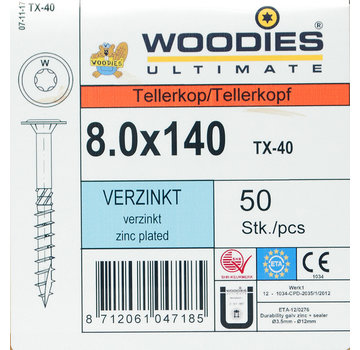 Woodies Ultimate Woodies tellerkopschroeven 8.0x140 verzinkt T-40 deeldraad 50 stuks