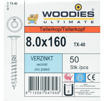 Woodies Ultimate Woodies tellerkopschroeven 8.0x160 verzinkt T-40 deeldraad 50 stuks