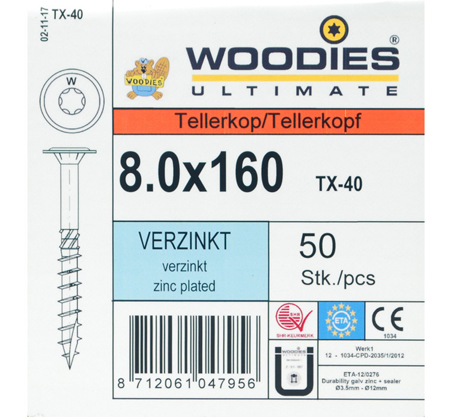 Woodies tellerkopschroeven 8.0x160 verzinkt T-40 deeldraad 50 stuks