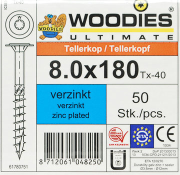 Woodies Ultimate Woodies tellerkopschroeven 8.0x180 verzinkt T-40 deeldraad 50 stuks
