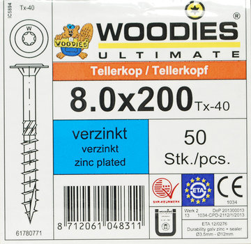 Woodies Ultimate Woodies tellerkopschroeven 8.0x200 verzinkt T-40 deeldraad 50 stuks