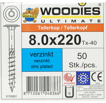 Woodies Ultimate Woodies tellerkopschroeven 8.0x220 verzinkt T-40 deeldraad 50 stuks