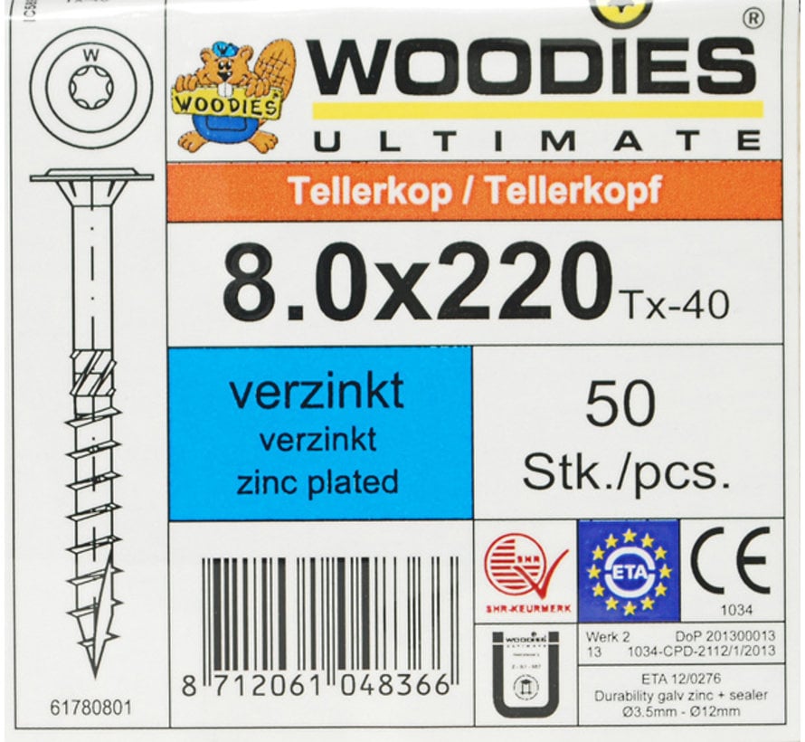 Woodies tellerkopschroeven 8.0x220 verzinkt T-40 deeldraad 50 stuks
