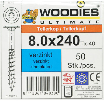 Woodies Ultimate Woodies tellerkopschroeven 8.0x240 verzinkt T-40 deeldraad 50 stuks