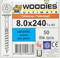 Woodies tellerkopschroeven 8.0x240 verzinkt T-40 deeldraad 50 stuks