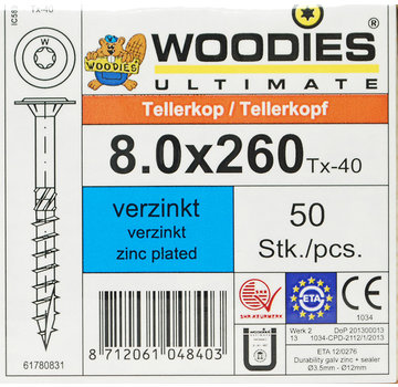 Woodies Ultimate Woodies tellerkopschroeven 8.0x260 verzinkt T-40 deeldraad 50 stuks