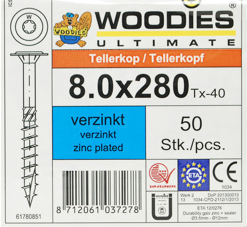 Woodies Ultimate Woodies tellerkopschroeven 8.0x280 verzinkt T-40 deeldraad 50 stuks