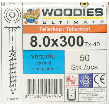 Woodies Ultimate Woodies tellerkopschroeven 8.0x300 verzinkt T-40 deeldraad 50 stuks