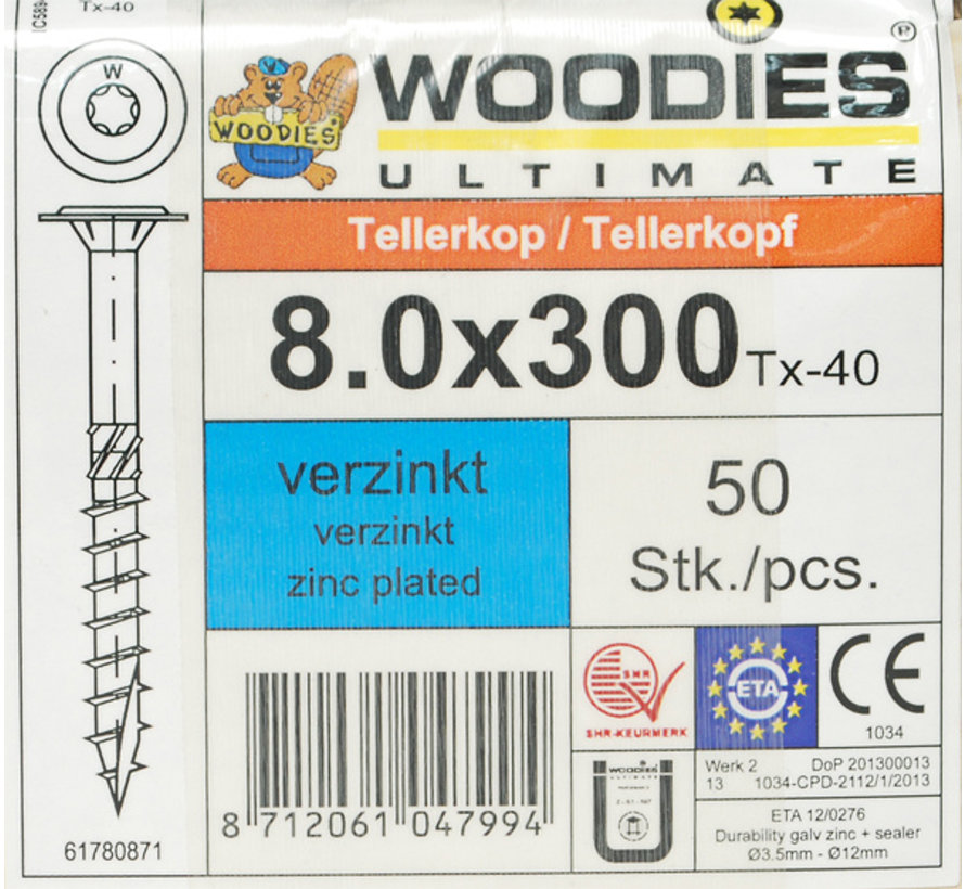 Woodies tellerkopschroeven 8.0x300 verzinkt T-40 deeldraad 50 stuks