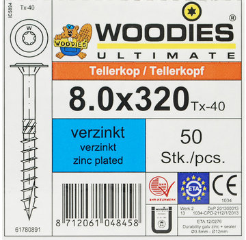 Woodies Ultimate Woodies tellerkopschroeven 8.0x320 verzinkt T-40 deeldraad 50 stuks