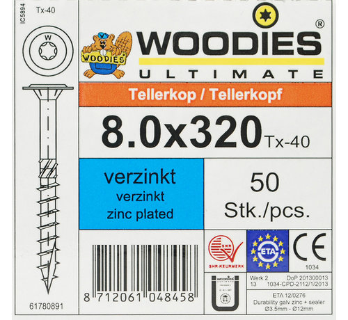 Woodies Ultimate Woodies tellerkopschroeven 8.0x320 verzinkt T-40 deeldraad 50 stuks