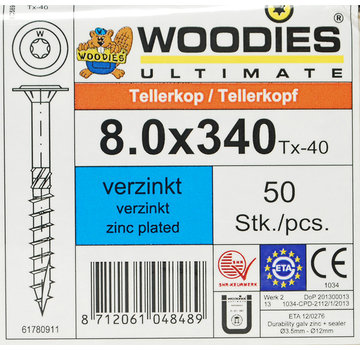Woodies Ultimate Woodies tellerkopschroeven 8.0x340 verzinkt T-40 deeldraad 50 stuks