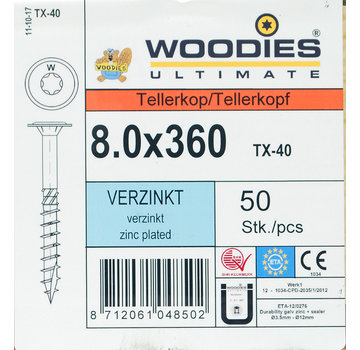 Woodies Ultimate Woodies tellerkopschroeven 8.0x360 verzinkt T-40 deeldraad 50 stuks