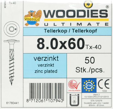 Woodies Ultimate Woodies tellerkopschroeven 8.0x60 verzinkt T-40 voldraad 50 stuks