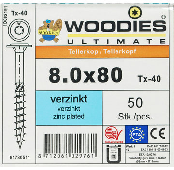 Woodies Ultimate Woodies tellerkopschroeven 8.0x80 verzinkt T-40 deeldraad 50 stuks