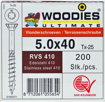 Woodies Ultimate Woodies vlonderschroeven 5.0x40 RVS 410 gehard T-25 deeldraad 200 stuks