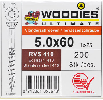 Woodies Ultimate Woodies vlonderschroeven 5.0x60 RVS 410 gehard T-25 deeldraad 200 stuks