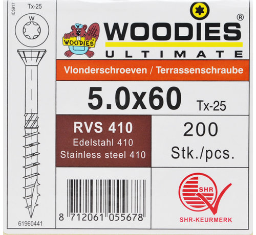 Woodies Ultimate Woodies vlonderschroeven 5.0x60 RVS 410 gehard T-25 deeldraad 200 stuks