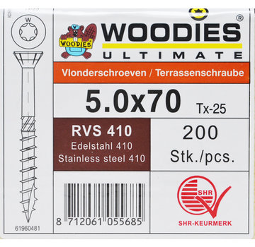 Woodies Ultimate Woodies vlonderschroeven 5.0x70 RVS 410 gehard T-25 deeldraad 200 stuks