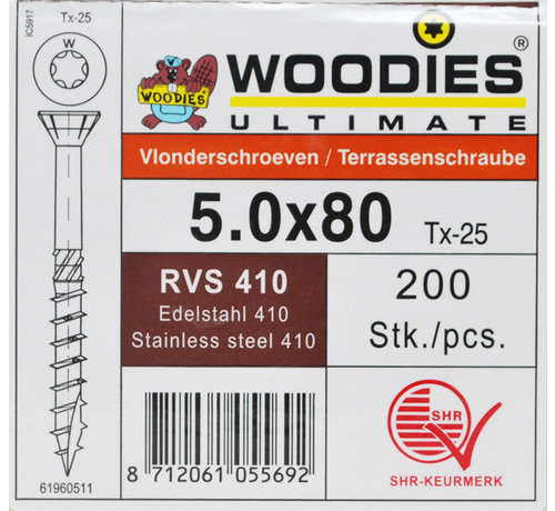 Woodies Ultimate Woodies vlonderschroeven 5.0x80 RVS 410 gehard T-25 deeldraad 200 stuks