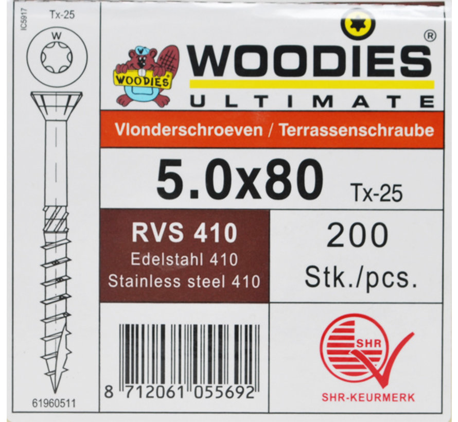 Woodies vlonderschroeven 5.0x80 RVS 410 gehard T-25 deeldraad 200 stuks