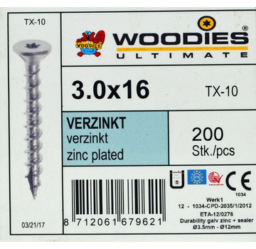 Woodies Ultimate Woodies schroeven 3.0x16 verzinkt T-10 voldraad 200 stuks