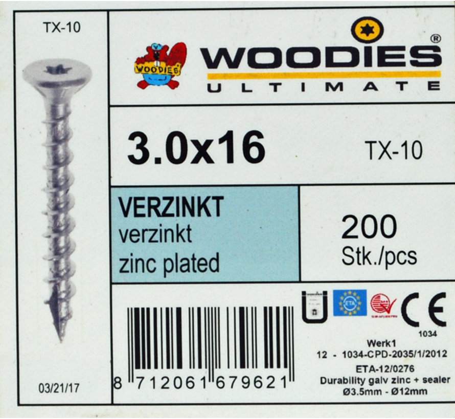 Woodies schroeven 3.0x16 verzinkt T-10 voldraad 200 stuks