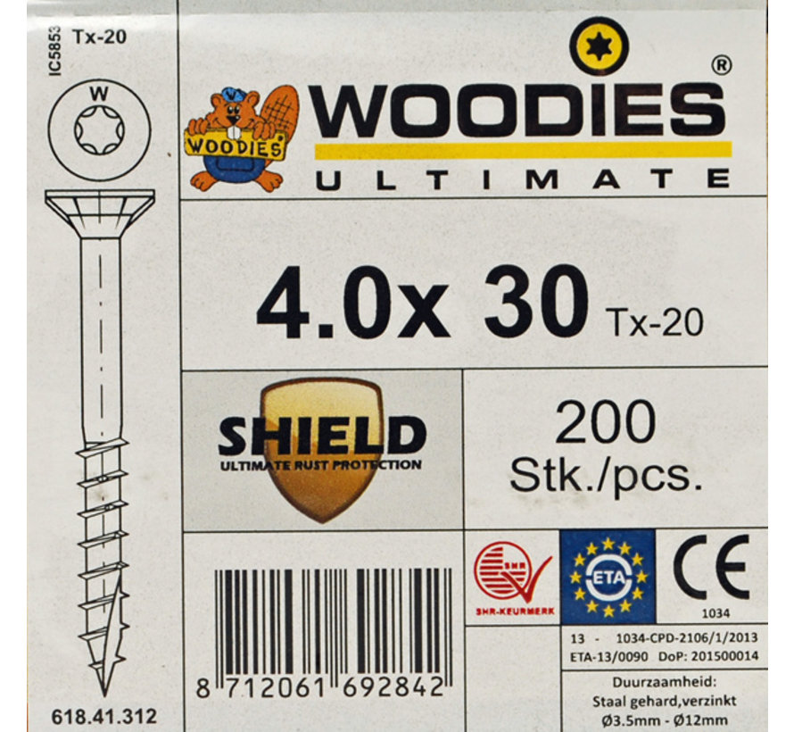 Woodies schroeven 4.0 x 30 SHIELD T-20 deeldraad 200 stuks