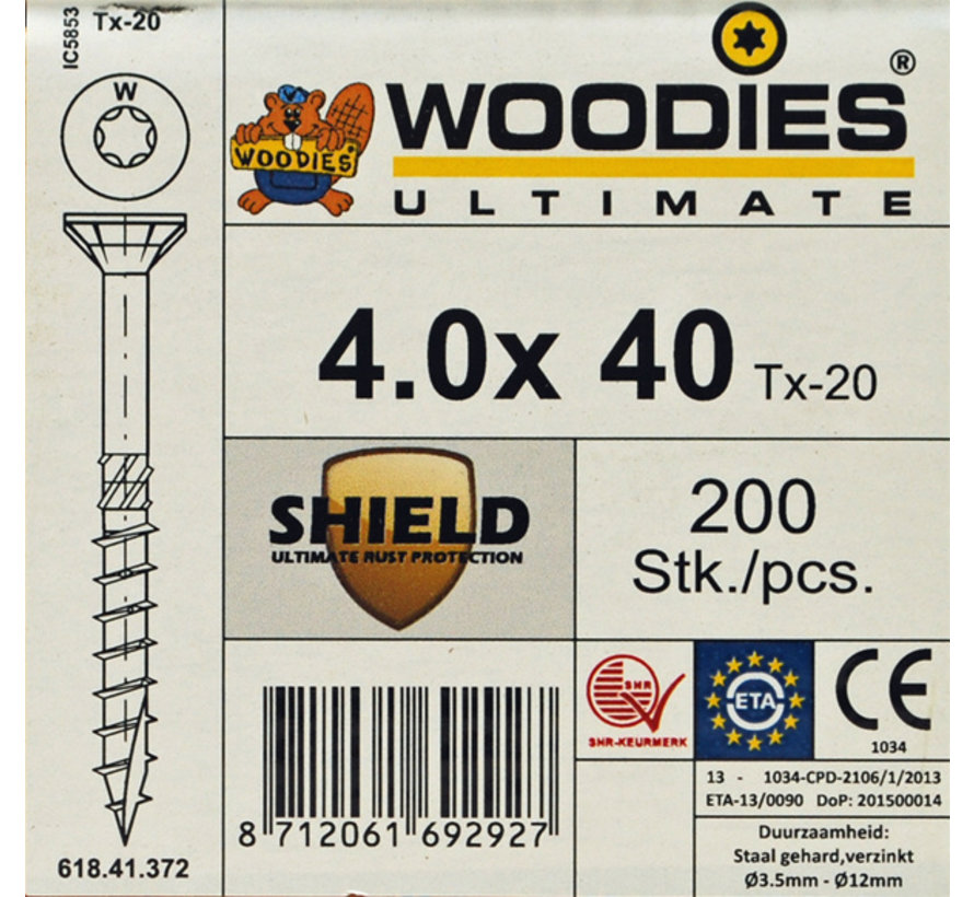 Woodies schroeven 4.0 x 40 SHIELD T-20 deeldraad 200 stuks