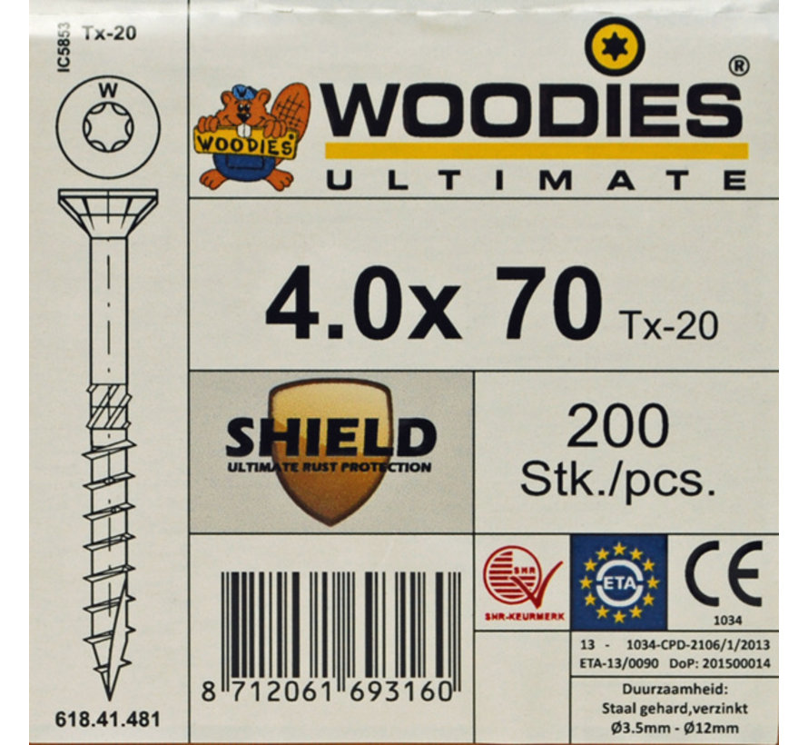Woodies schroeven 4.0 x 70 SHIELD T-20 deeldraad 200 stuks