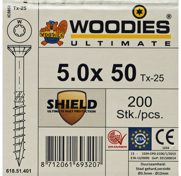 Woodies Ultimate Woodies schroeven 5.0 x 50 SHIELD T-25 deeldraad 200 stuks