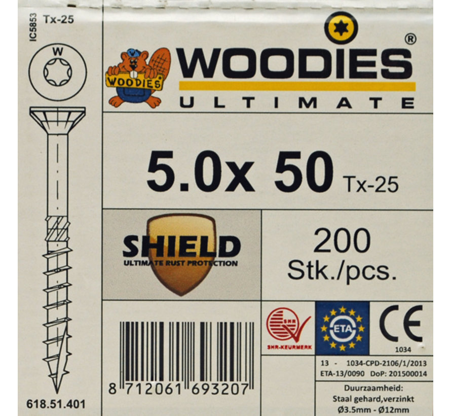 Woodies schroeven 5.0 x 50 SHIELD T-25 deeldraad 200 stuks