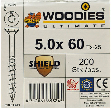 Woodies Ultimate Woodies schroeven 5.0 x 60 SHIELD T-25 deeldraad 200 stuks