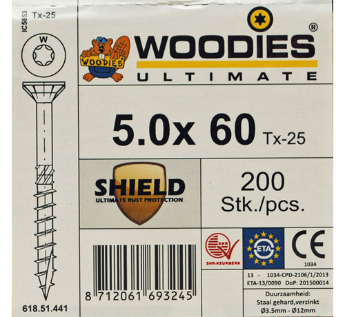 Woodies Ultimate Woodies schroeven 5.0 x 60 SHIELD T-25 deeldraad 200 stuks