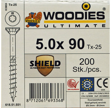 Woodies Ultimate Woodies schroeven 5.0 x 90 SHIELD T-25 deeldraad 200 stuks