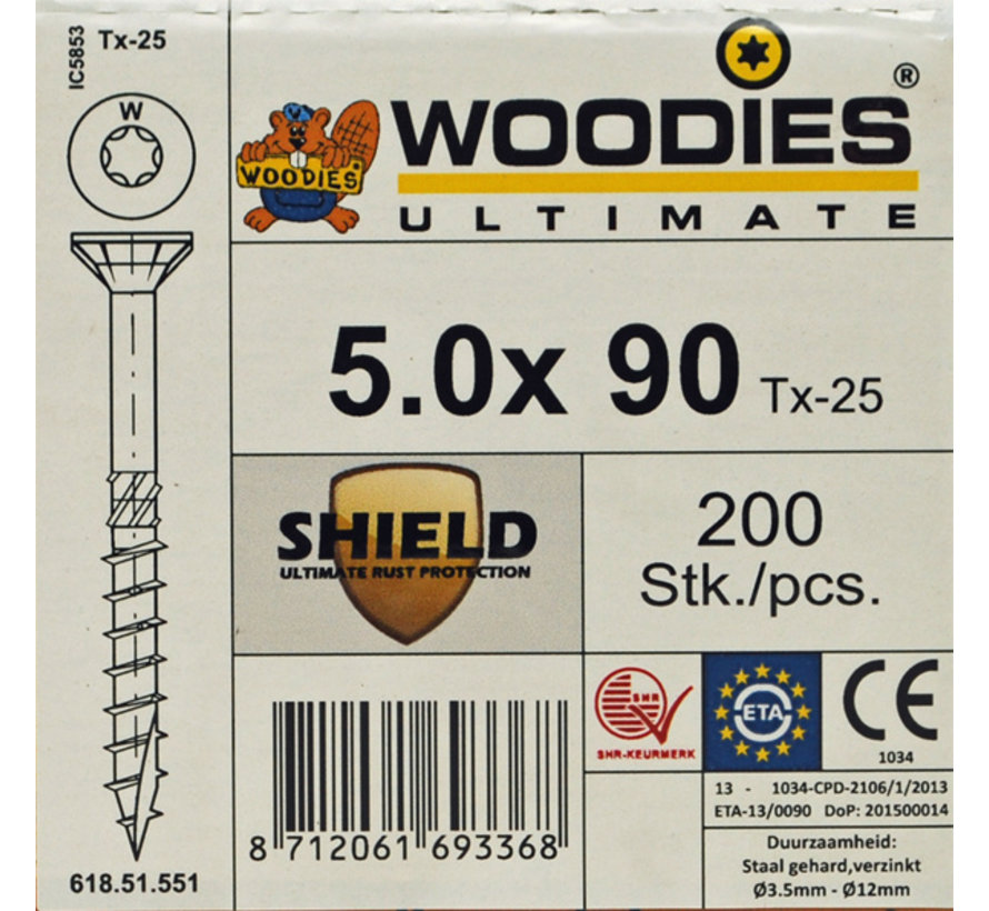 Woodies schroeven 5.0 x 90 SHIELD T-25 deeldraad 200 stuks